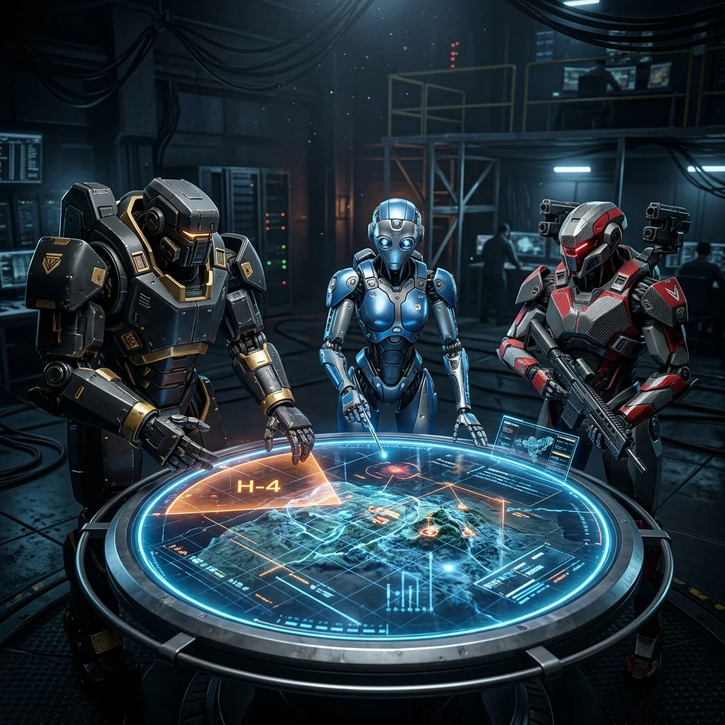 Three distinct, highly advanced robotic agents coordinating at a tactical table. Separation of cognitive roles prevents optimistic bias.