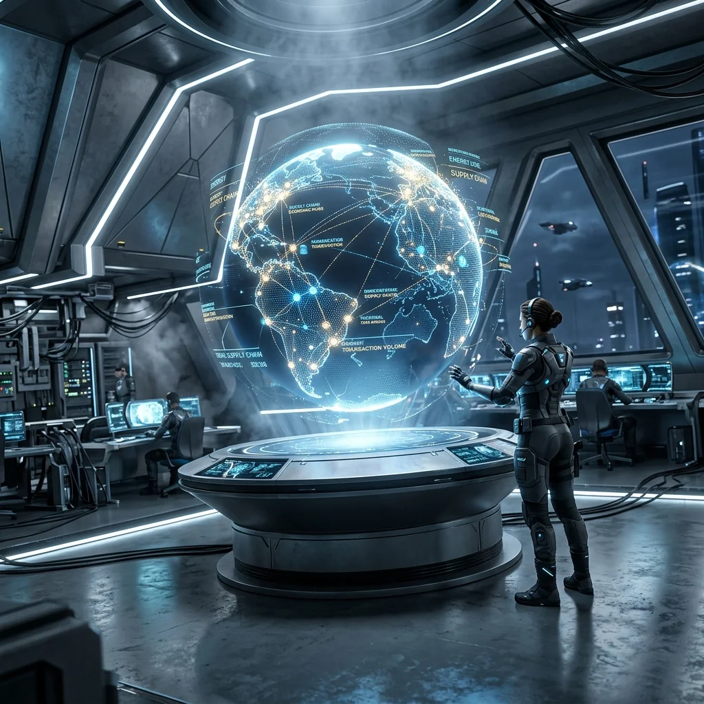 A holographic globe mapping the vast network of the new automated economy.