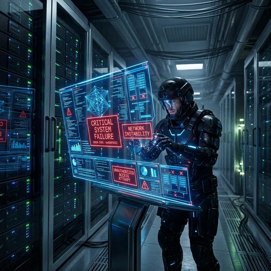 A holographic interface displaying cascading errors and network instability as a founder tries to debug rogue agents.