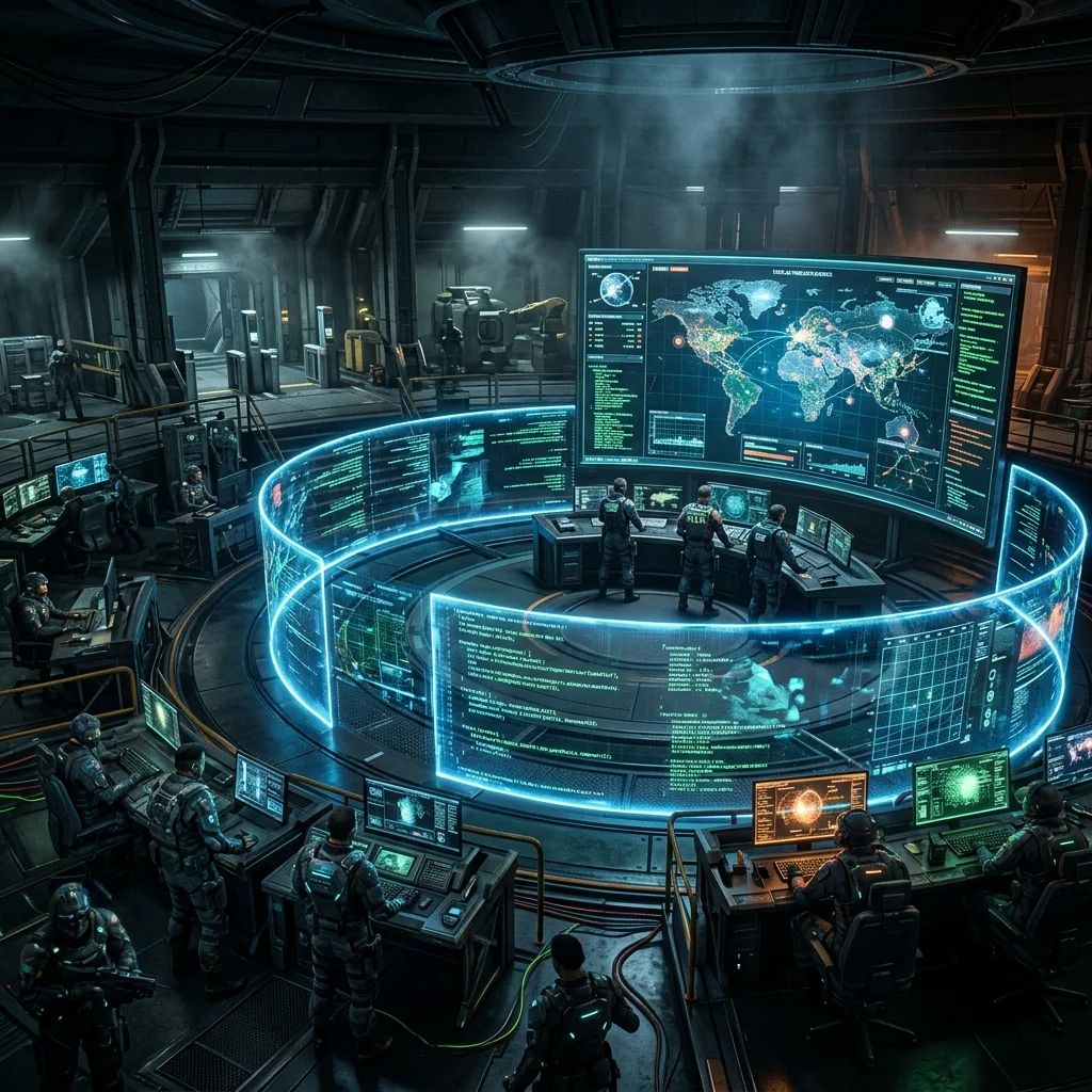 A highly secure command center displaying defense limits and permission boundaries necessary to constrain advanced models.