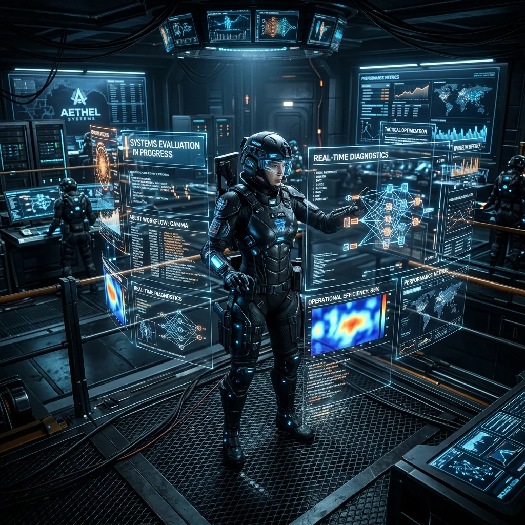 An intense tactical systems test running on glowing holographic displays, validating autonomous workflow loops.