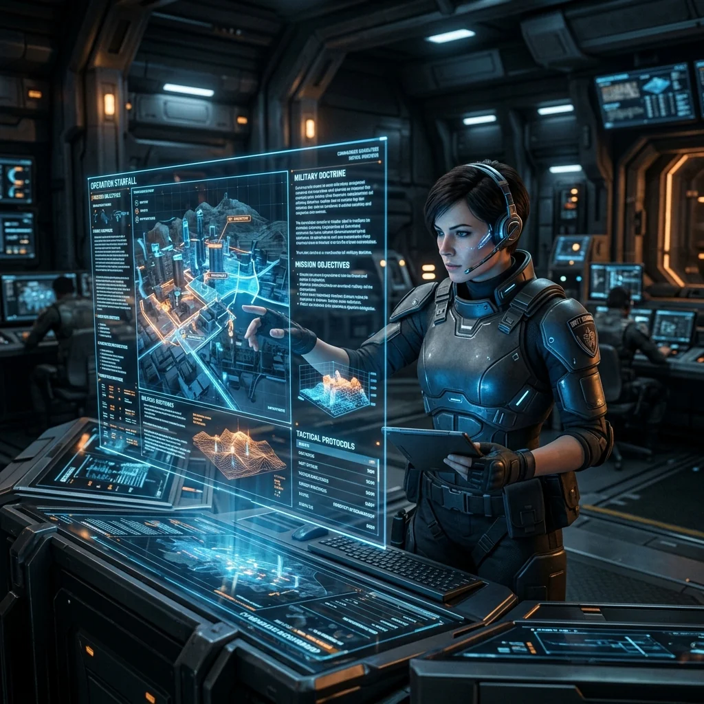 A commander reviewing glowing holographic mission briefs and military doctrine documents. Structuring agent teams requires clear doctrine.