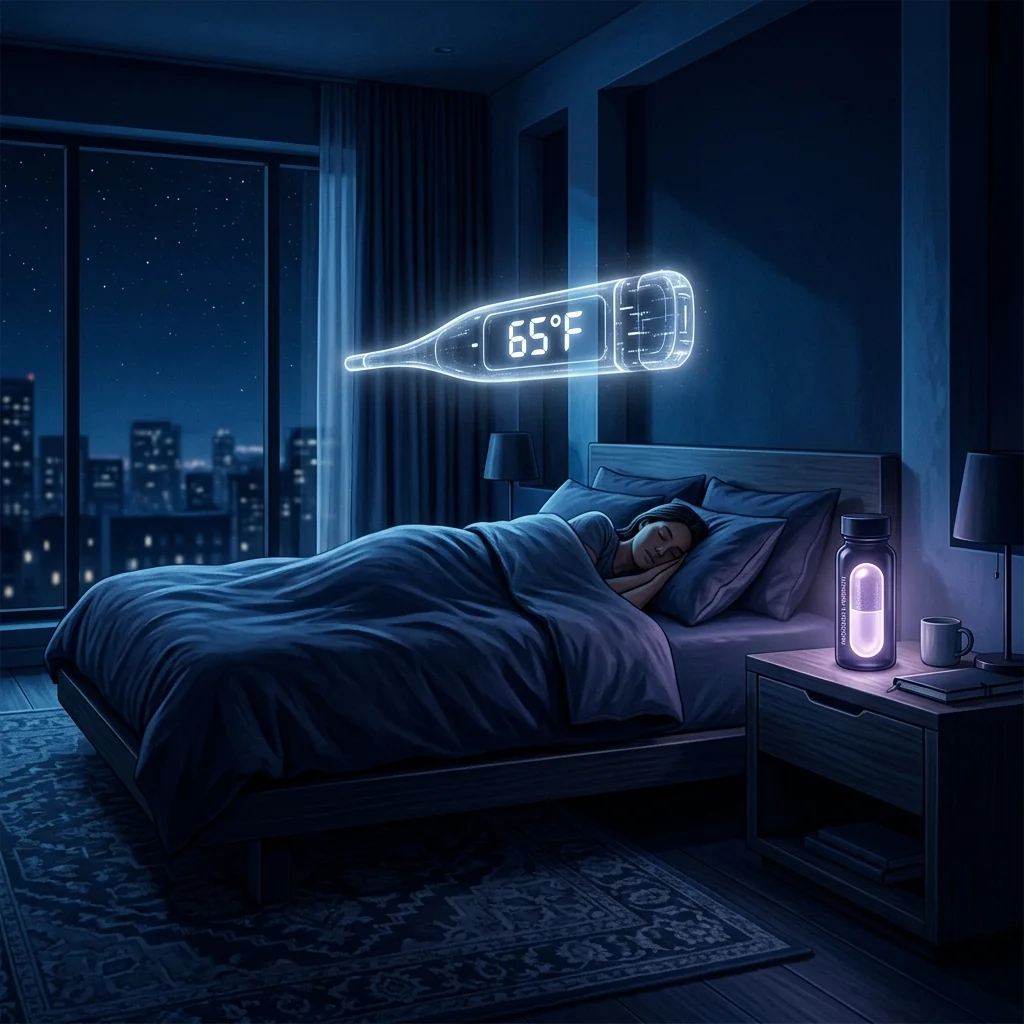 A cool, dark bedroom bathed in deep blue light where a floating digital thermometer reads 65°F and a single capsule glows softly on a nightstand.