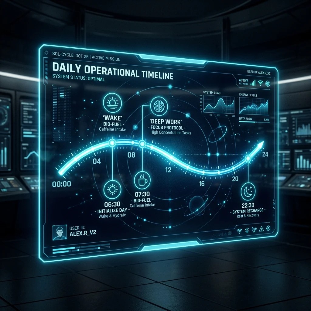 A glowing holographic timeline card displaying a 24-hour schedule with nodes for Wake, Coffee, Deep Work, and Sleep.