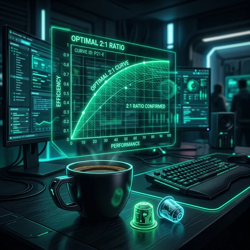 A high-tech workstation with glowing monitors, a sleek cup of coffee next to two capsules, and a holographic chart showing an optimal 2:1 ratio curve.