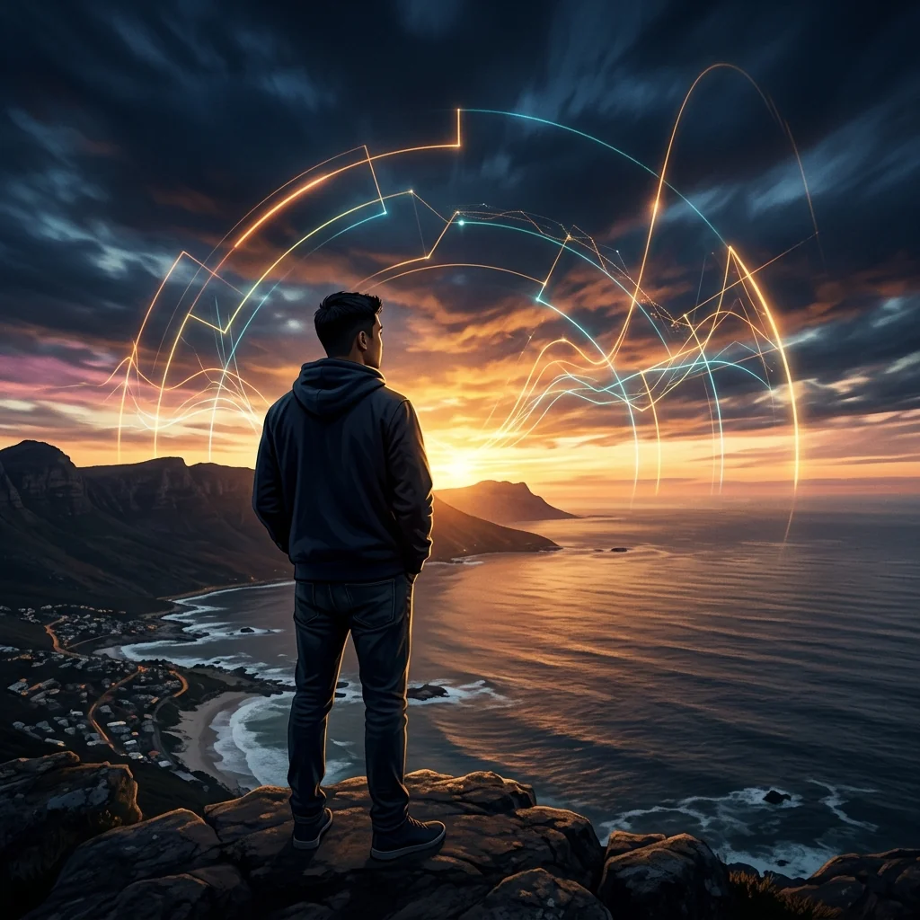 A young tech founder stands outside looking toward a bright, dramatic sunrise as holographic lines representing cortisol pulses arch across the sky.