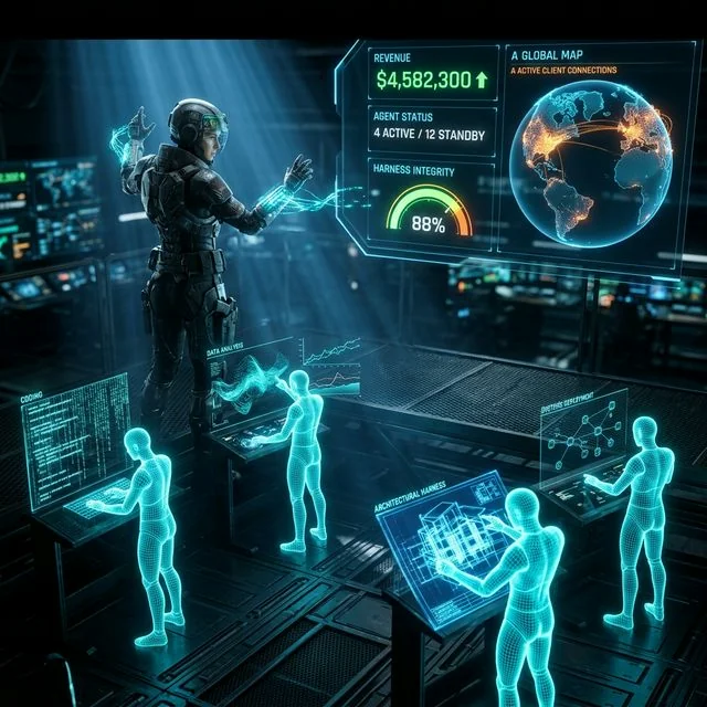 One commander. A squad of AI agents. Each one executing a piece of the mission — coding, analyzing, building harnesses, deploying systems. This is Agentic Leverage.