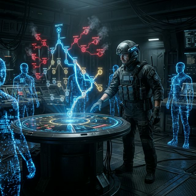 The Decision Phase: holographic mission briefing with branching paths. Dead-end paths glow red. The commander chooses the mission — not a feature, a mission.