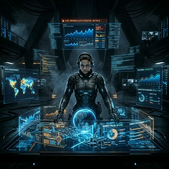 The Observation Phase: AI-powered command center scanning the digital battlefield in real-time — sentiment, competitors, user friction, all at a glance.