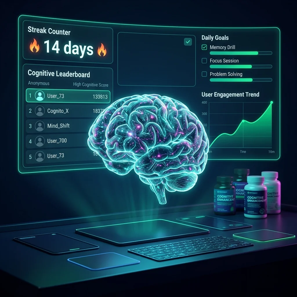 A holographic brain scan surrounded by gamification elements — a 14-day streak counter ablaze, a cognitive leaderboard, daily goal checkboxes, and engagement curves climbing sharply upward.