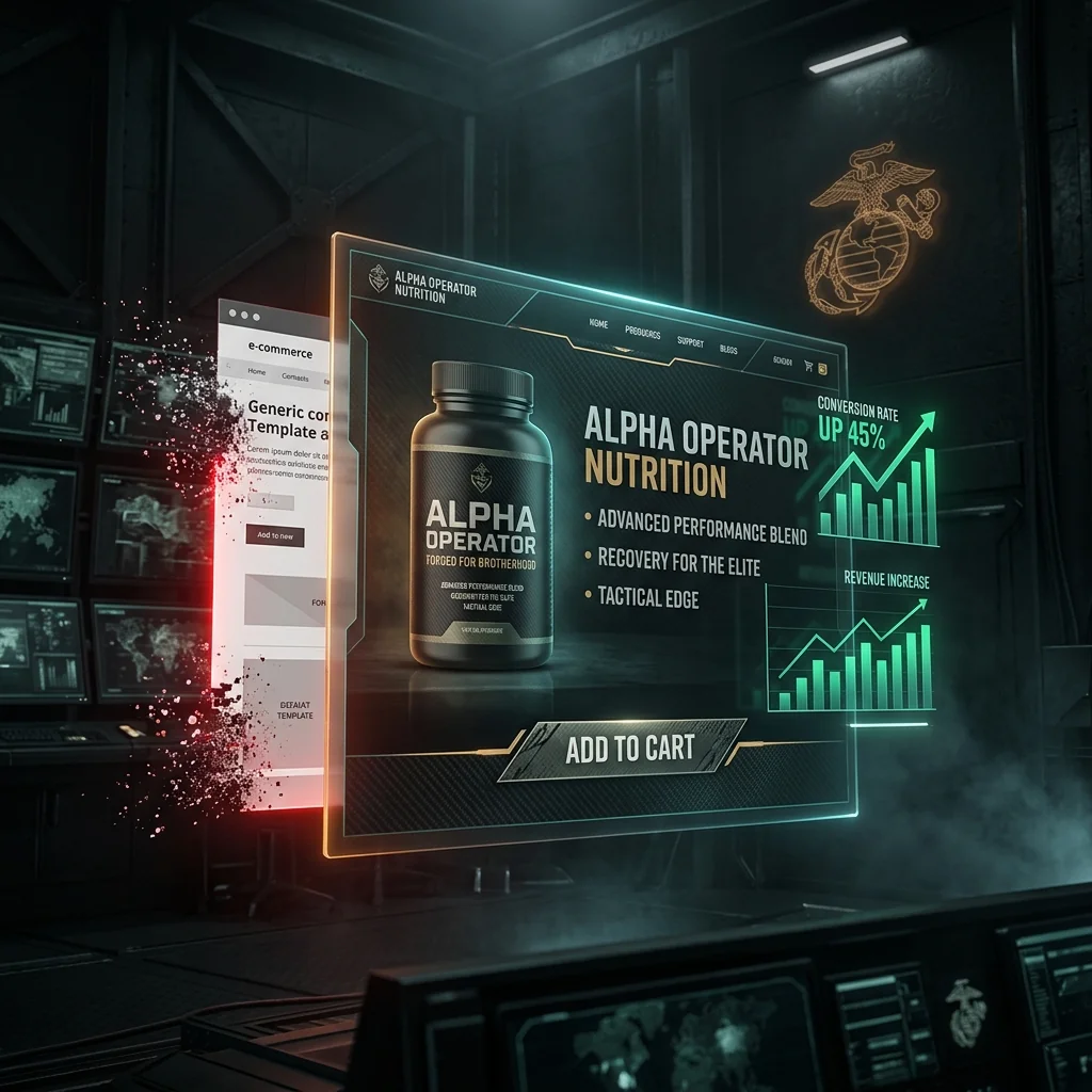 A tactical e-commerce redesign in a war room: the old generic template shattering apart in red as the new dark, high-contrast landing page takes its place, conversion metrics surging green.