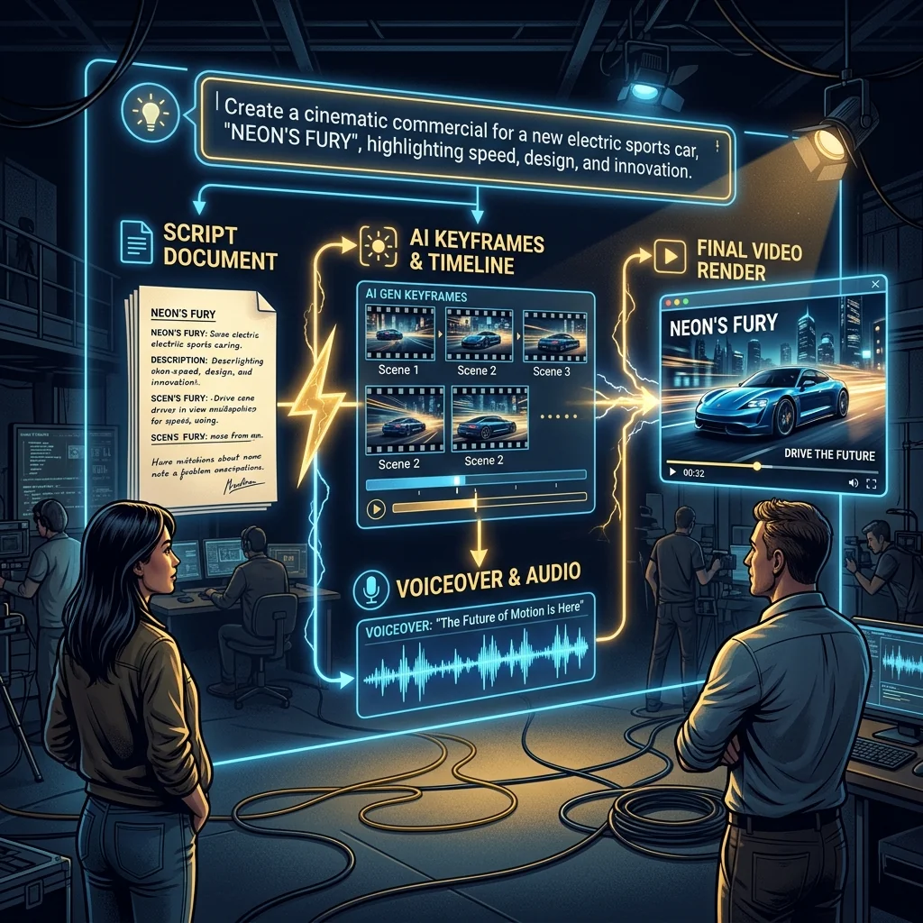 An AI video production pipeline: a text prompt at the top flows through script generation, AI keyframes on a timeline, voiceover waveforms, and a final rendered video ad — creative power at entrepreneurial speed.