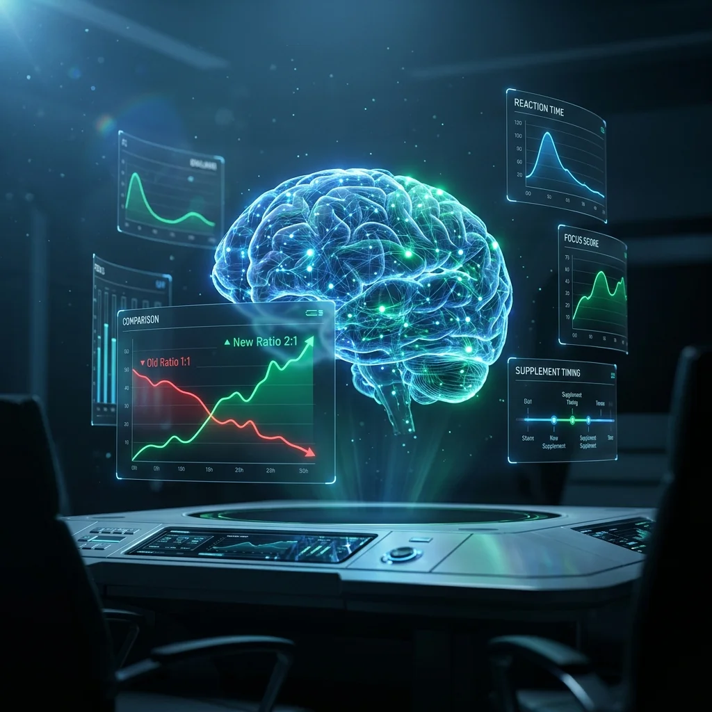 A holographic brain command center: reaction time curves, focus scores, and the definitive comparison — Old Ratio 1:1 underperforming in red, New Ratio 2:1 surging in green.