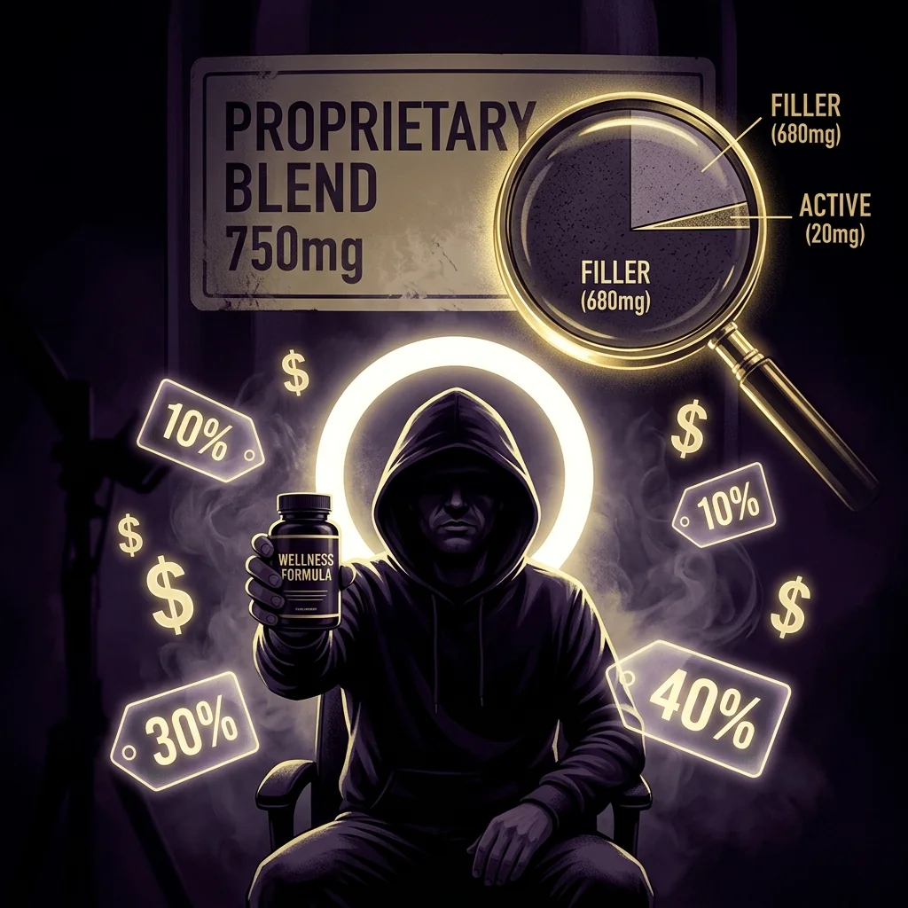 The machinery behind the $69.3B industry: shadowy influencer endorsements, proprietary blends built on filler, and a magnifying glass revealing the truth hidden inside.