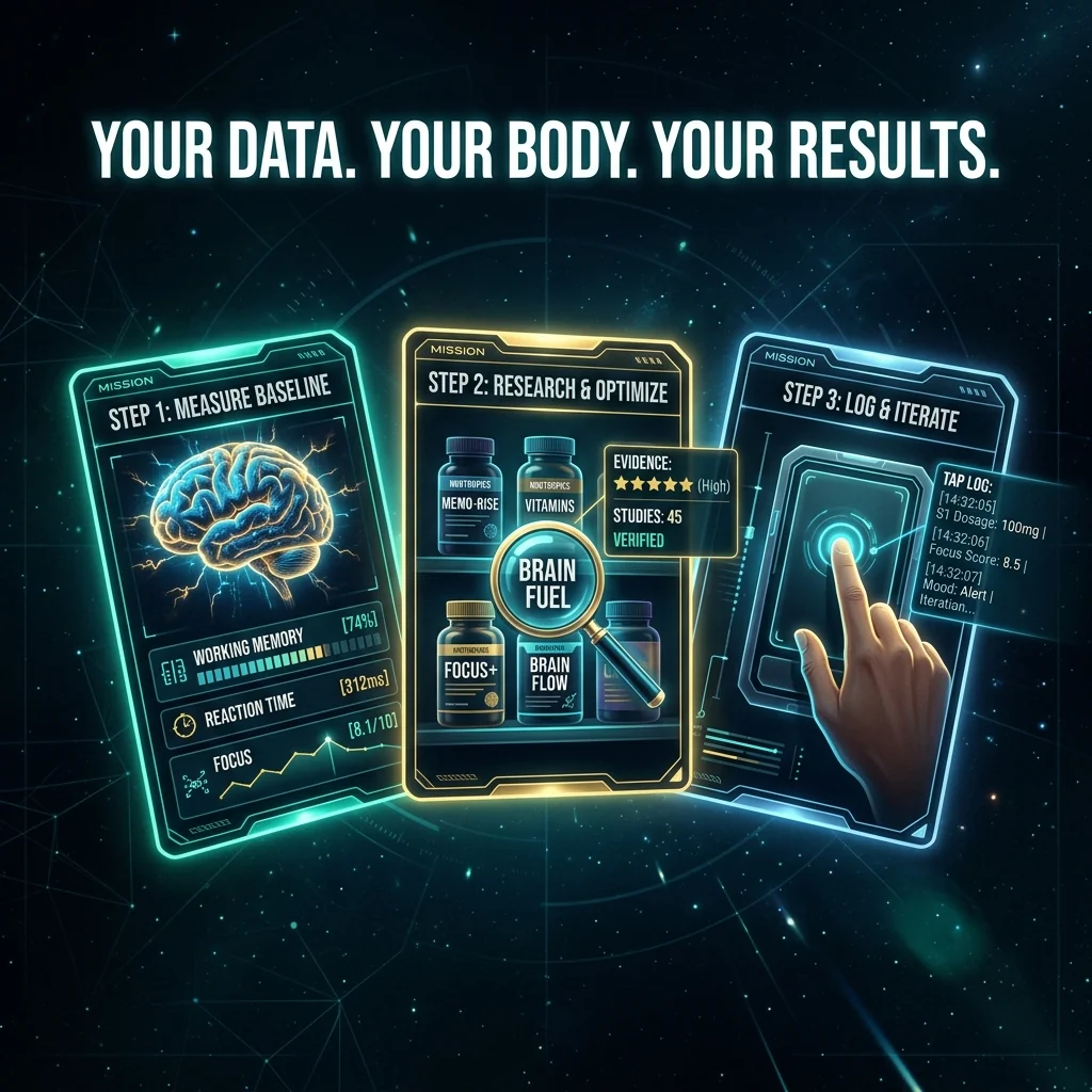 Three mission cards floating in digital space: Step 1 — Measure your baseline. Step 2 — Research and optimize your shelf. Step 3 — Log your stack and start building real data. Your Data. Your Body. Your Results.