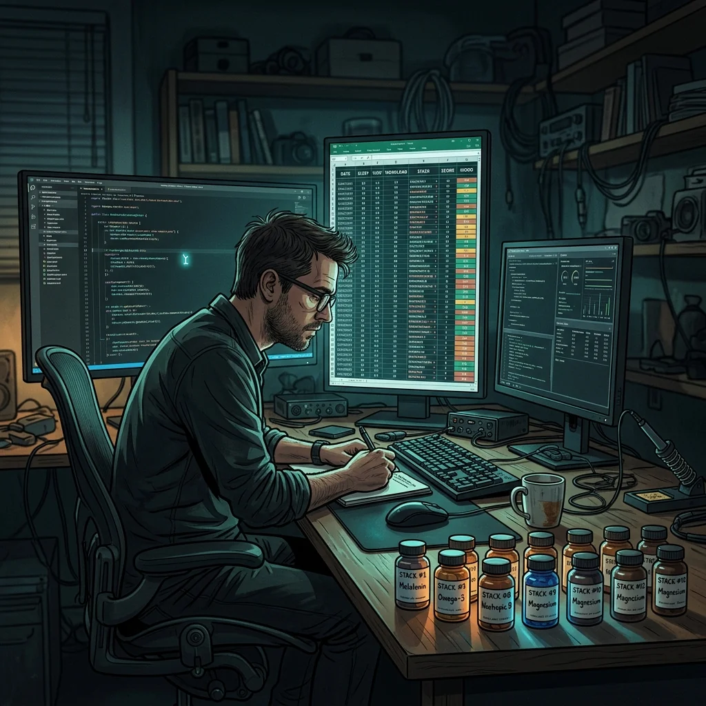 A lone AI engineer at midnight, 12 supplement bottles lined up on the desk corner, staring at a spreadsheet called "data" that could never tell him what he needed to know.